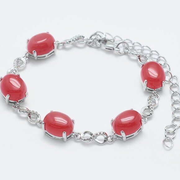 Real Jade Set Cabochons With Eternity Links Silver Bracelet NWOT - Picture 1 of 3